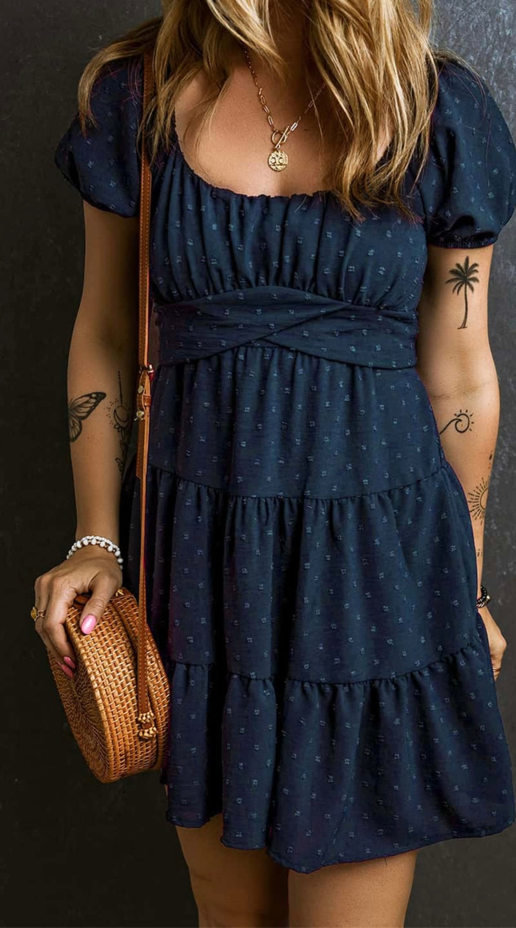 Navy Jacquard Puff Sleeve Crossover Tied Tiered Dress