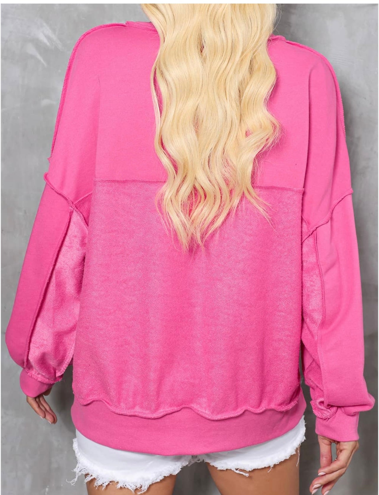 Hot Pink Drop Shoulder Henley Buttons Sweatshirt