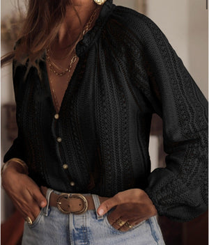 Black Long Sleeve Button Lace Top - Regular & Plus