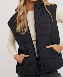 Black Puffer Zip Up Hooded Vest