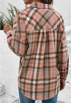 Rounded Hem Pink Plaid Pattern Shirt