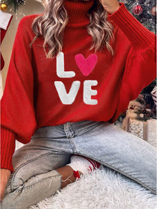 Valentine LOVE Letter Embroidered High Neck Sweater