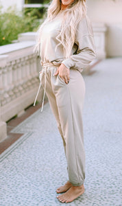 Khaki Top And Drawstring Pants Lounge Set