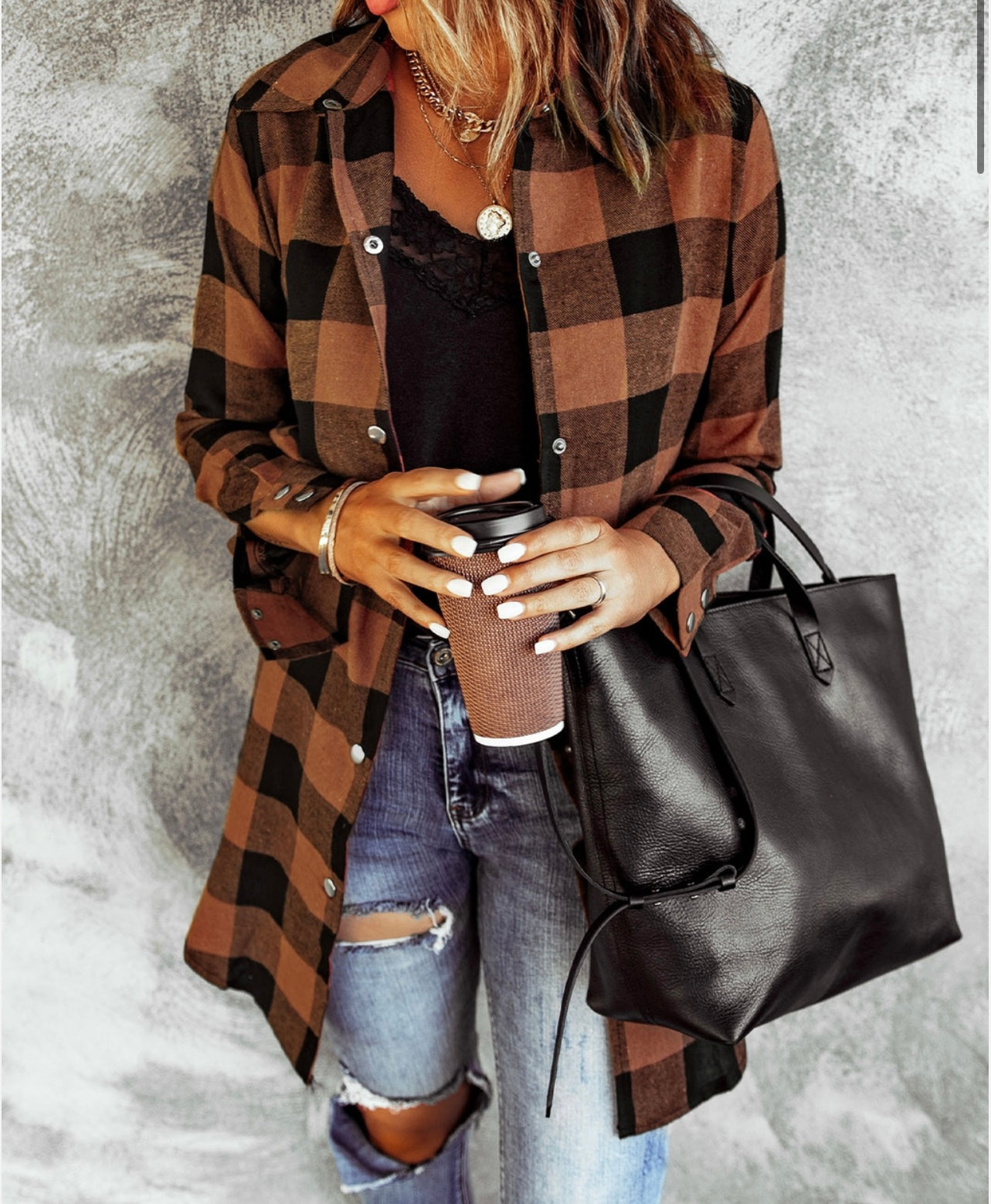 Plaid Collared Botton Down Jacket - Regular & Plus