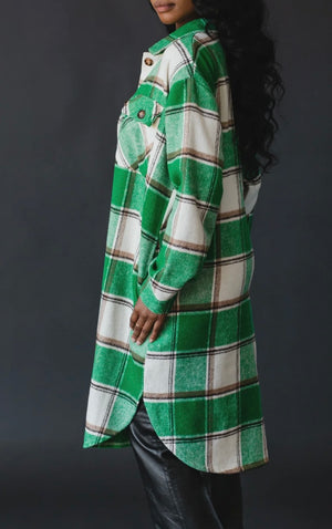 Green, Cream Plaid Long Shacket