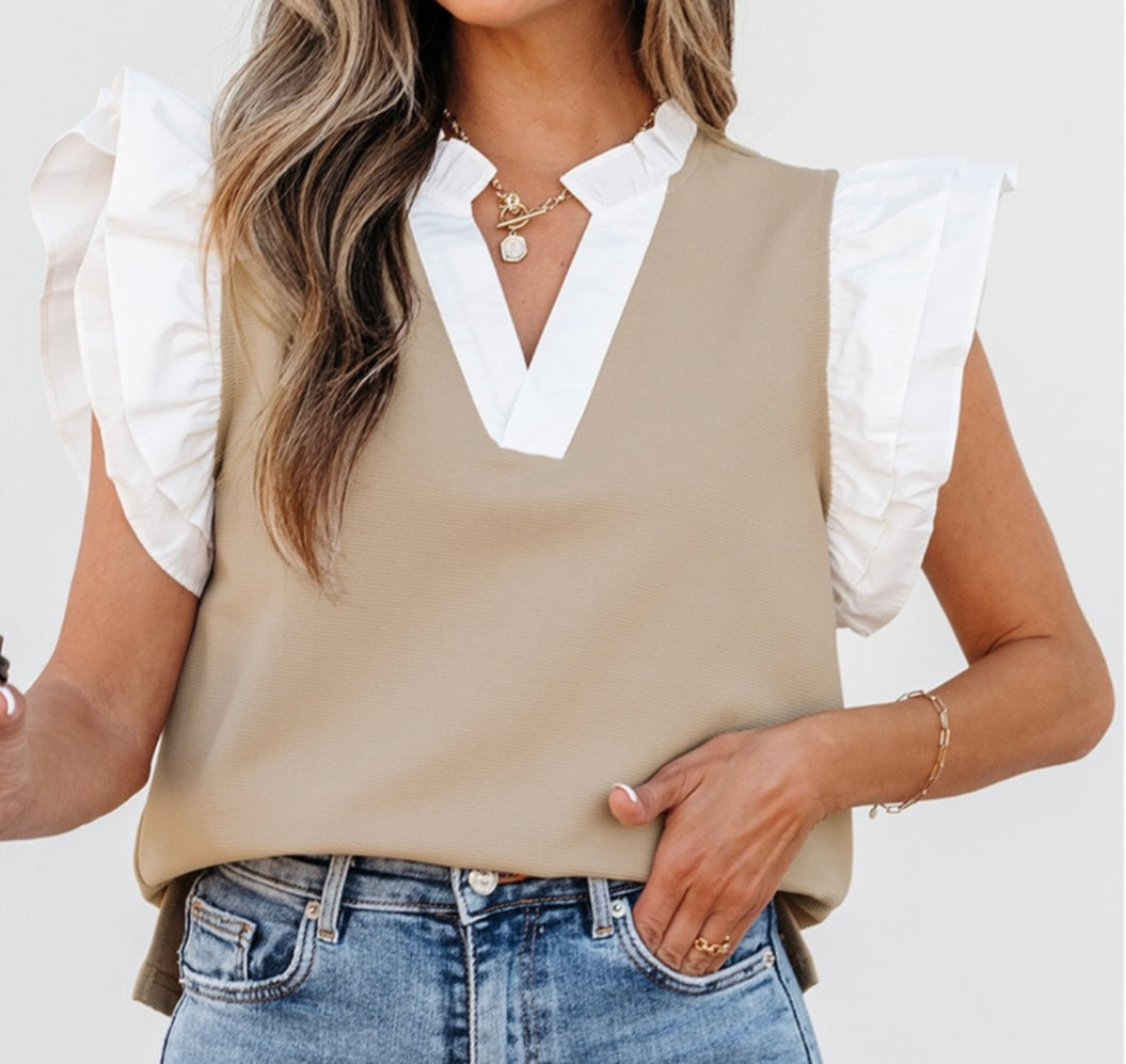 V Neck Khaki with White Ruffle Top