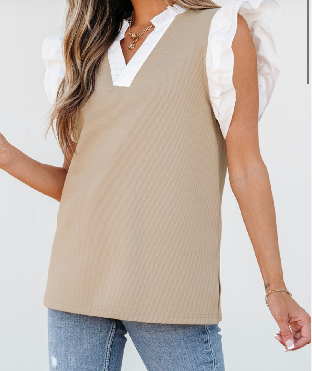 V Neck Khaki with White Ruffle Top