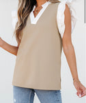 V Neck Khaki with White Ruffle Top