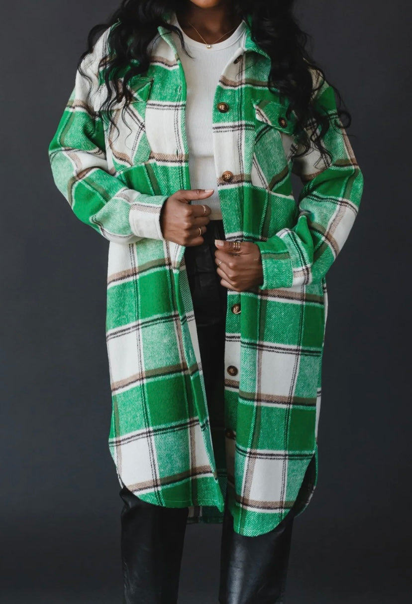 Green, Cream Plaid Long Shacket