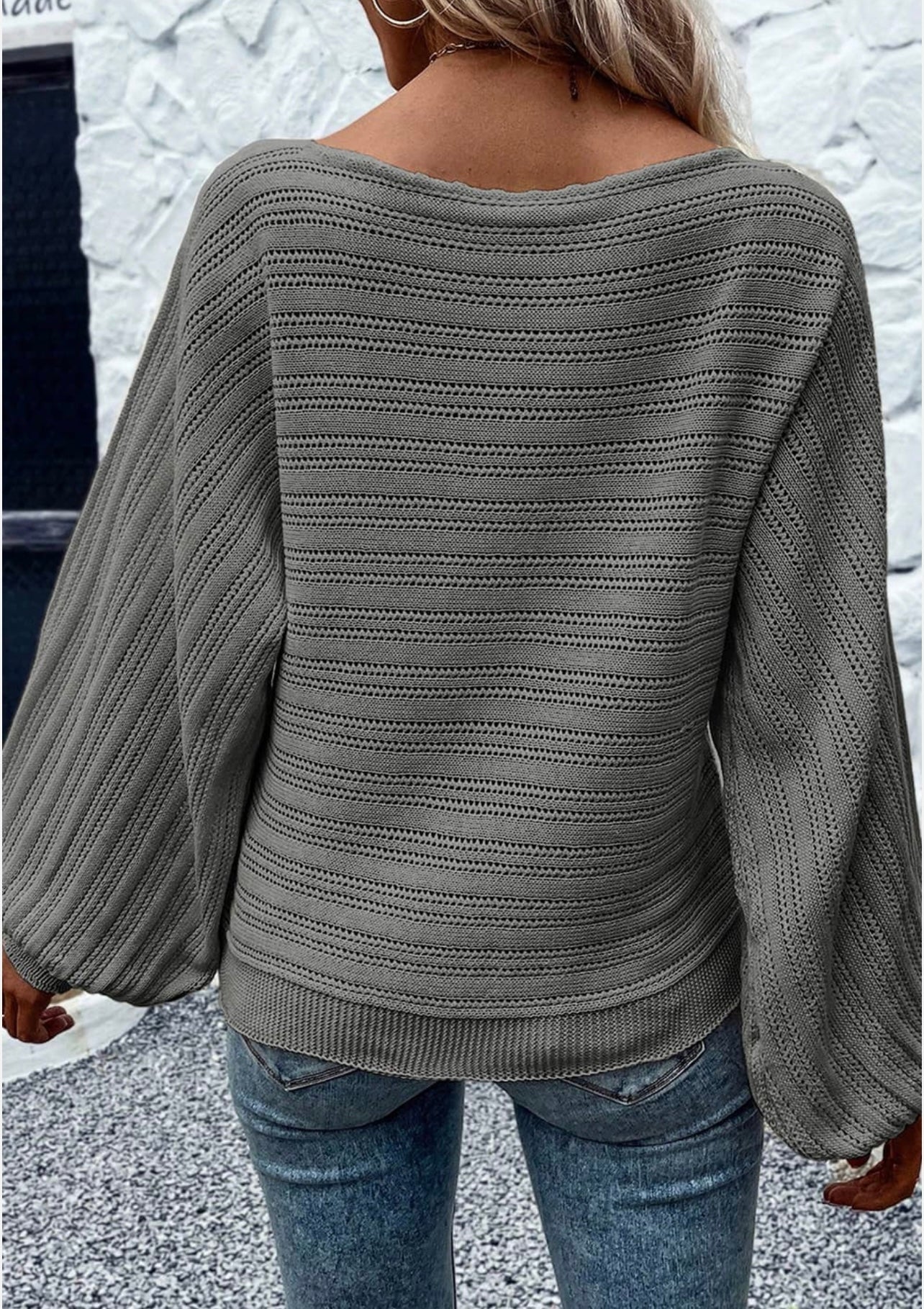 Gray Lantern Sleeve Eyelets Textured Knit Sweater