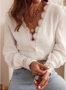 White Gauze Crochet Lace Trimmed Blouse