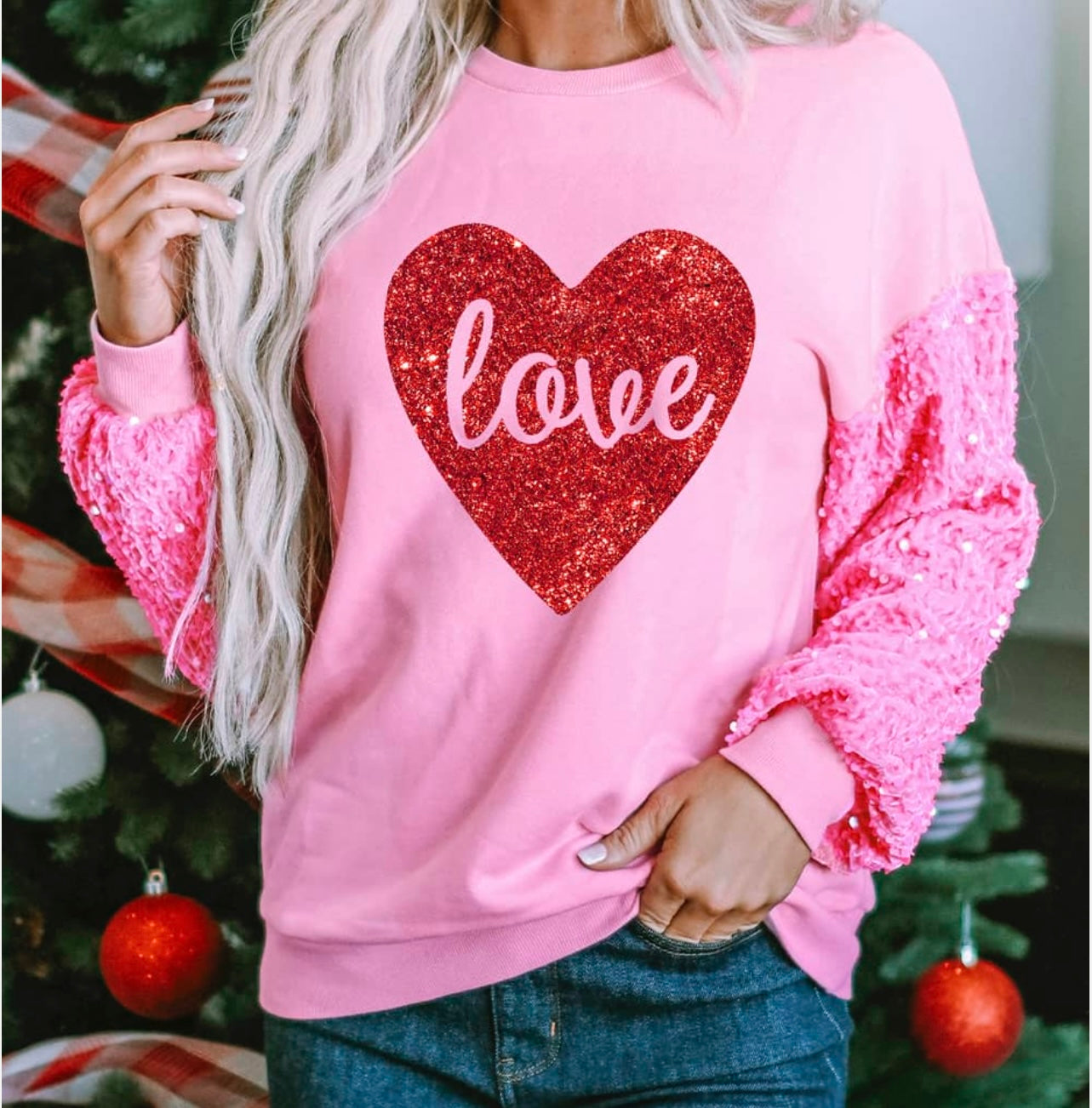 Pink Shiny Heart Shape Love Print Sequined Sleeve Top