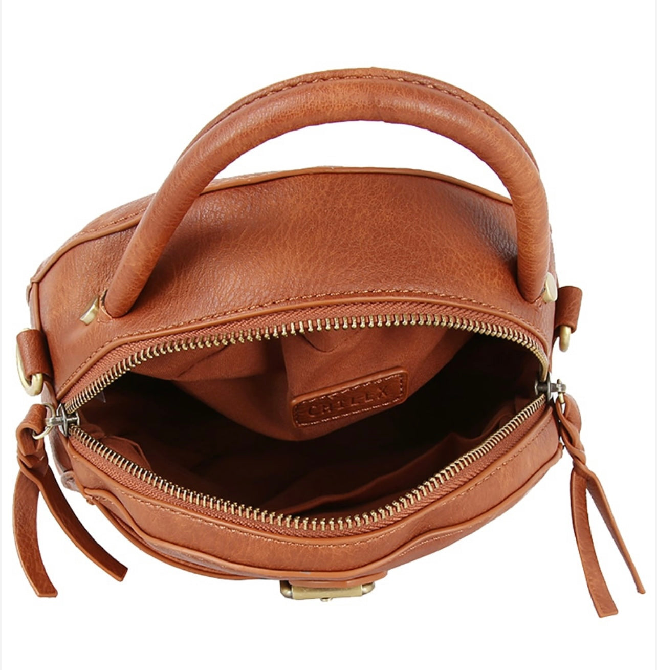 Cognac Round Buckle Crossbody Purse