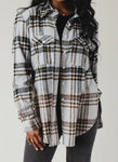 Gray, tan, black& olive  plaid flannel with bleached dipped contrast