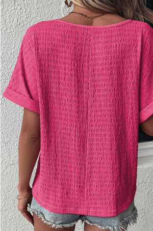 Pink Rolled Short Sleeve V-Neck Blouse