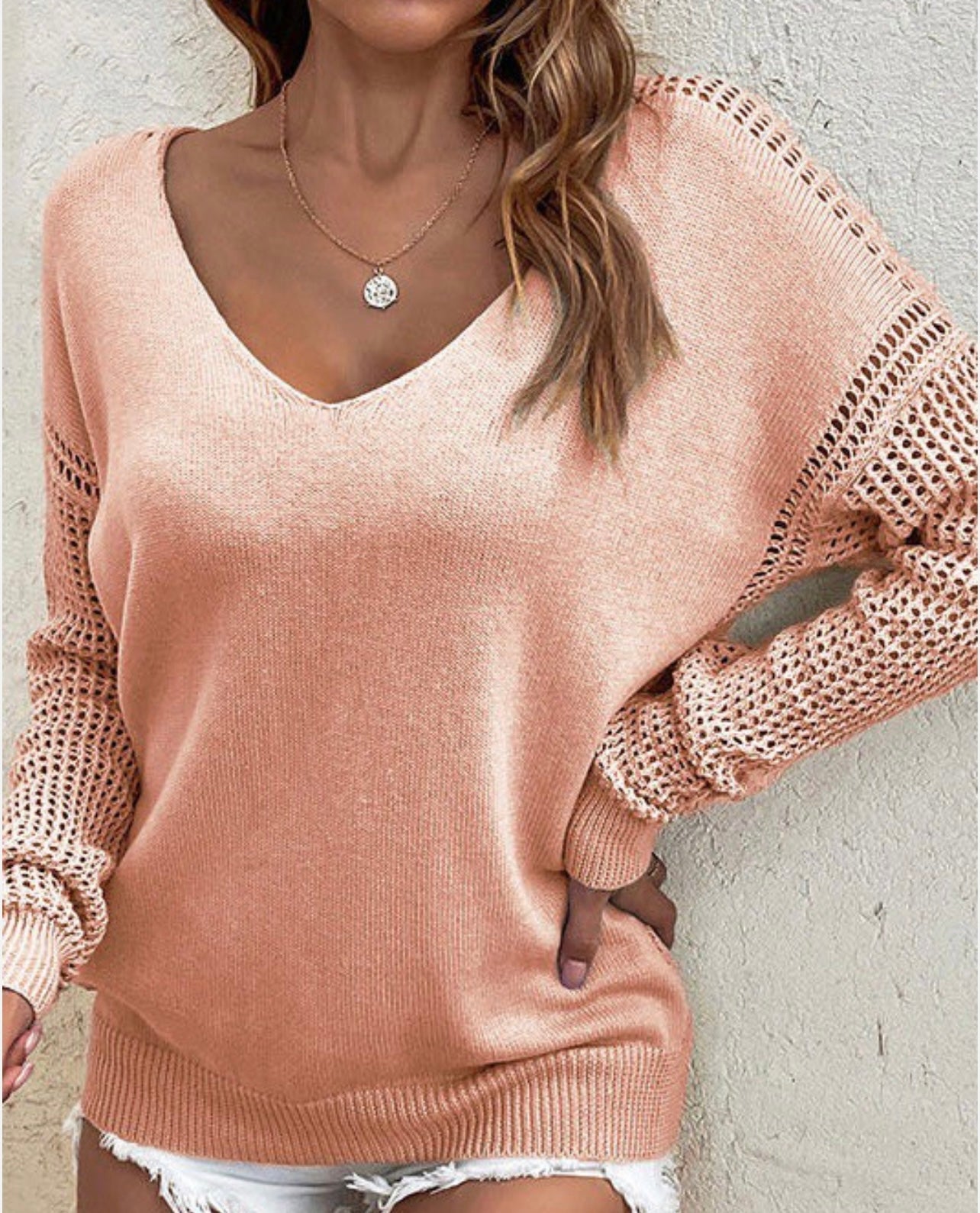 Pink Long Sleeve Sweater Crochet On Sleeve