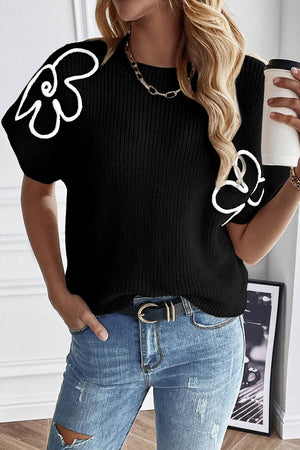 Black Sweater with White Flower Short Sleeve Sweater