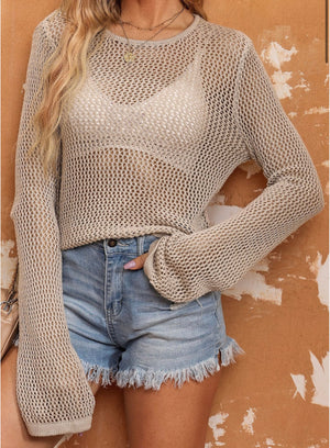 Khaki Hollow-Out Knit Long Sleeve Top