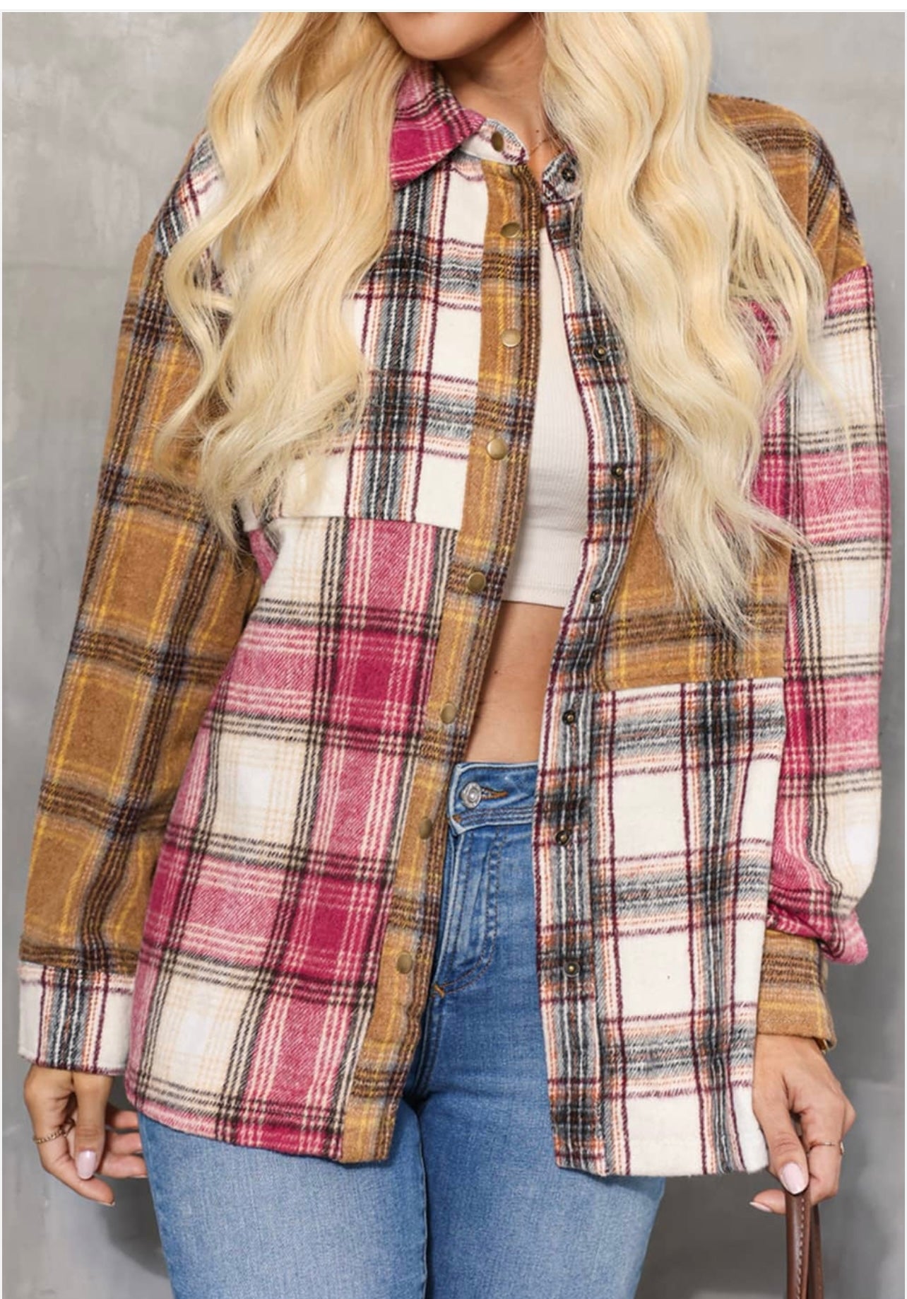 Plaid Print Snap Button Long Sleeve Jackets With Pocket