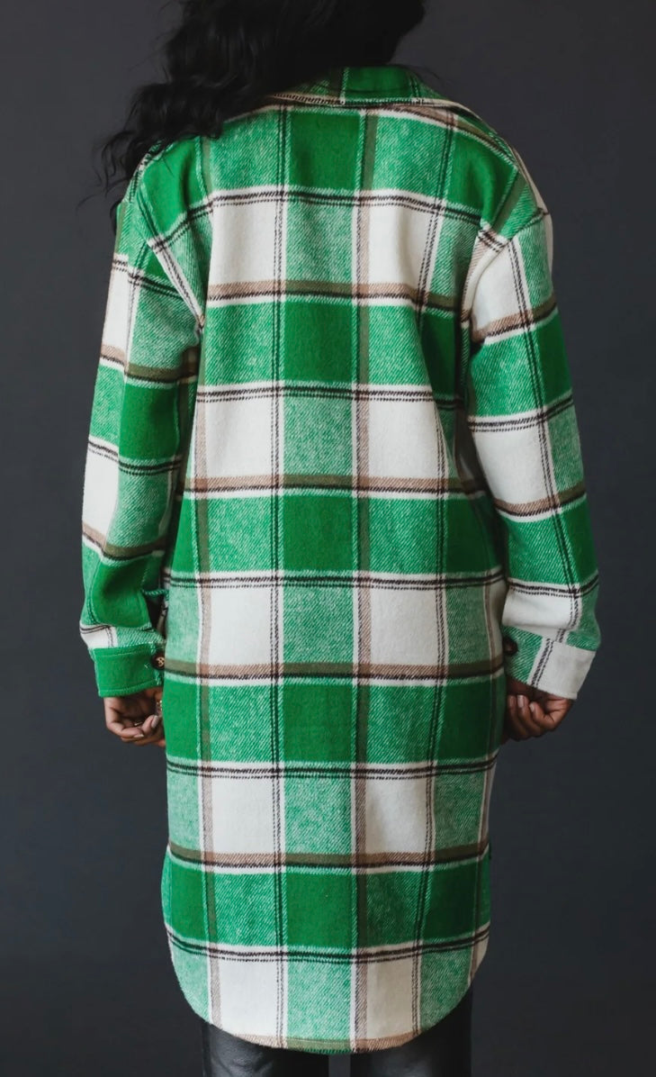 Green, Cream Plaid Long Shacket