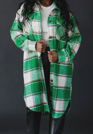 Green, Cream Plaid Long Shacket