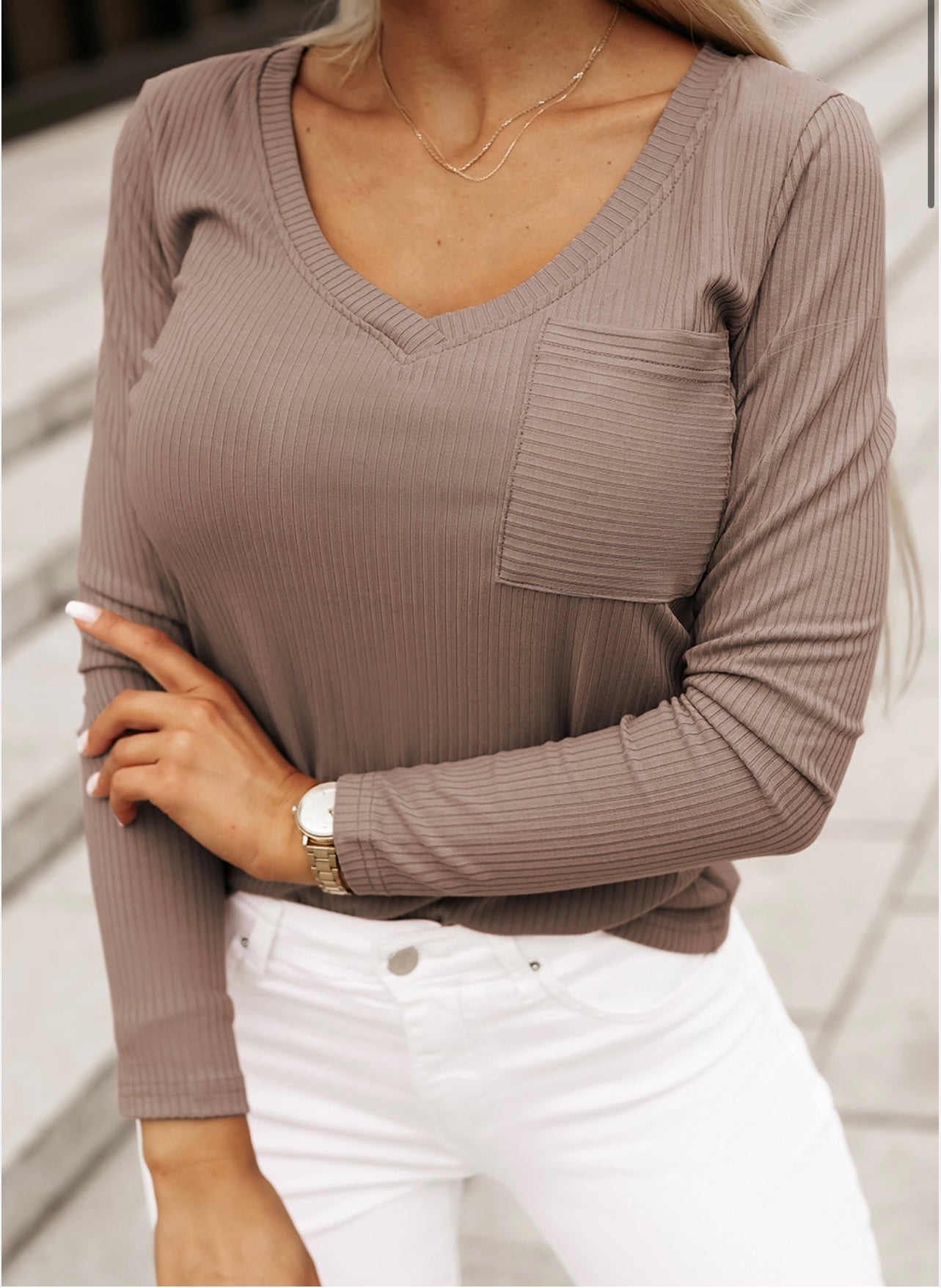 Khaki Ribbed Knit Patched V Neck Top