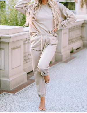 Khaki Top And Drawstring Pants Lounge Set