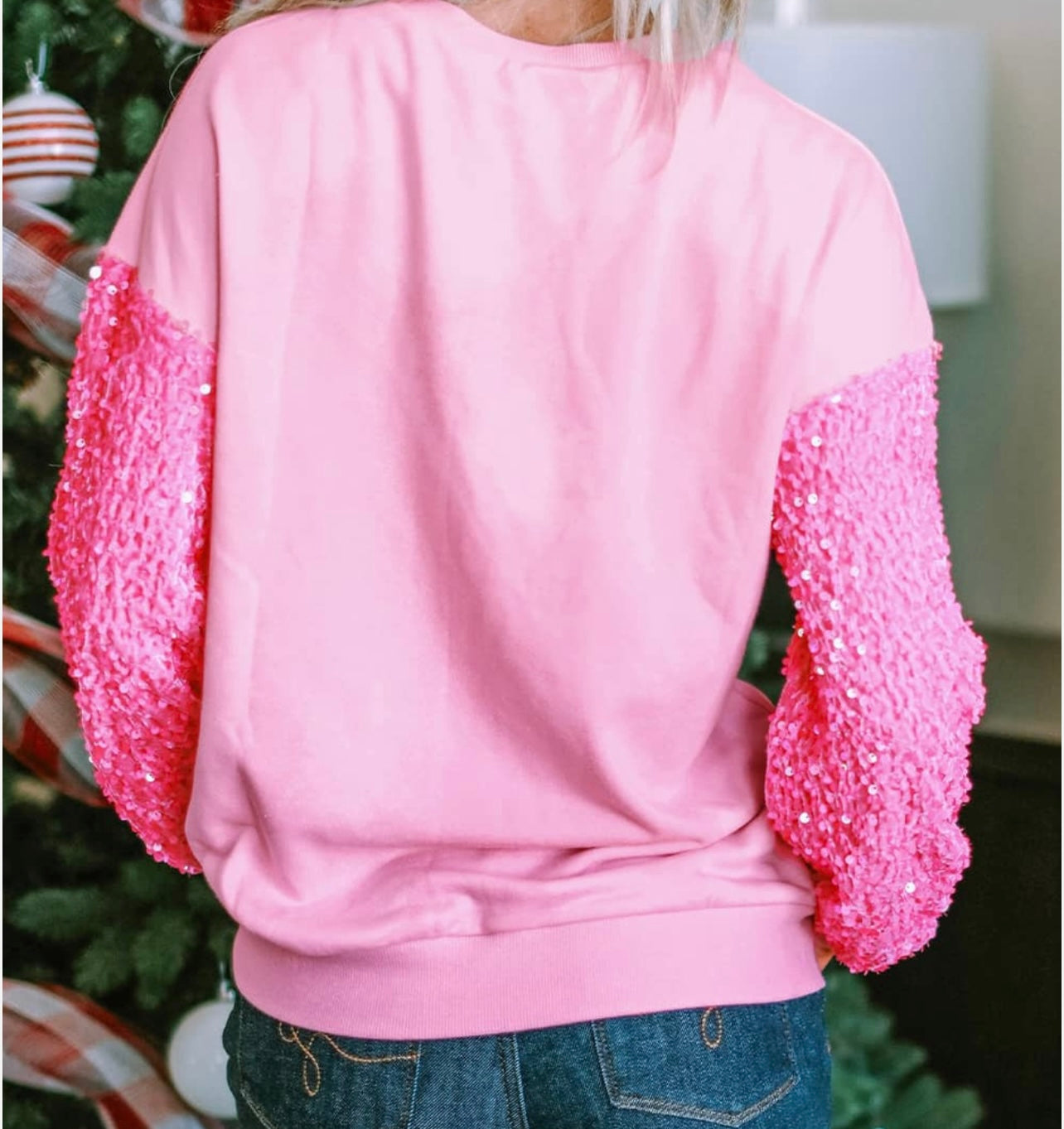 Pink Shiny Heart Shape Love Print Sequined Sleeve Top