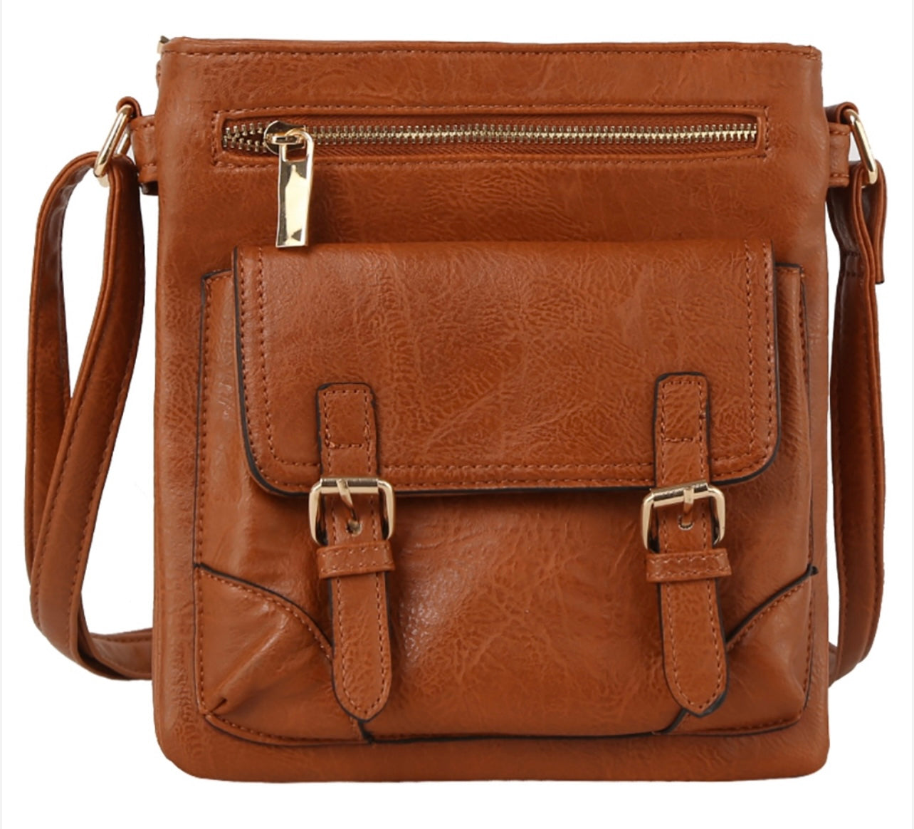 Cognac Fashion Buckle Flap Crossbody Purse