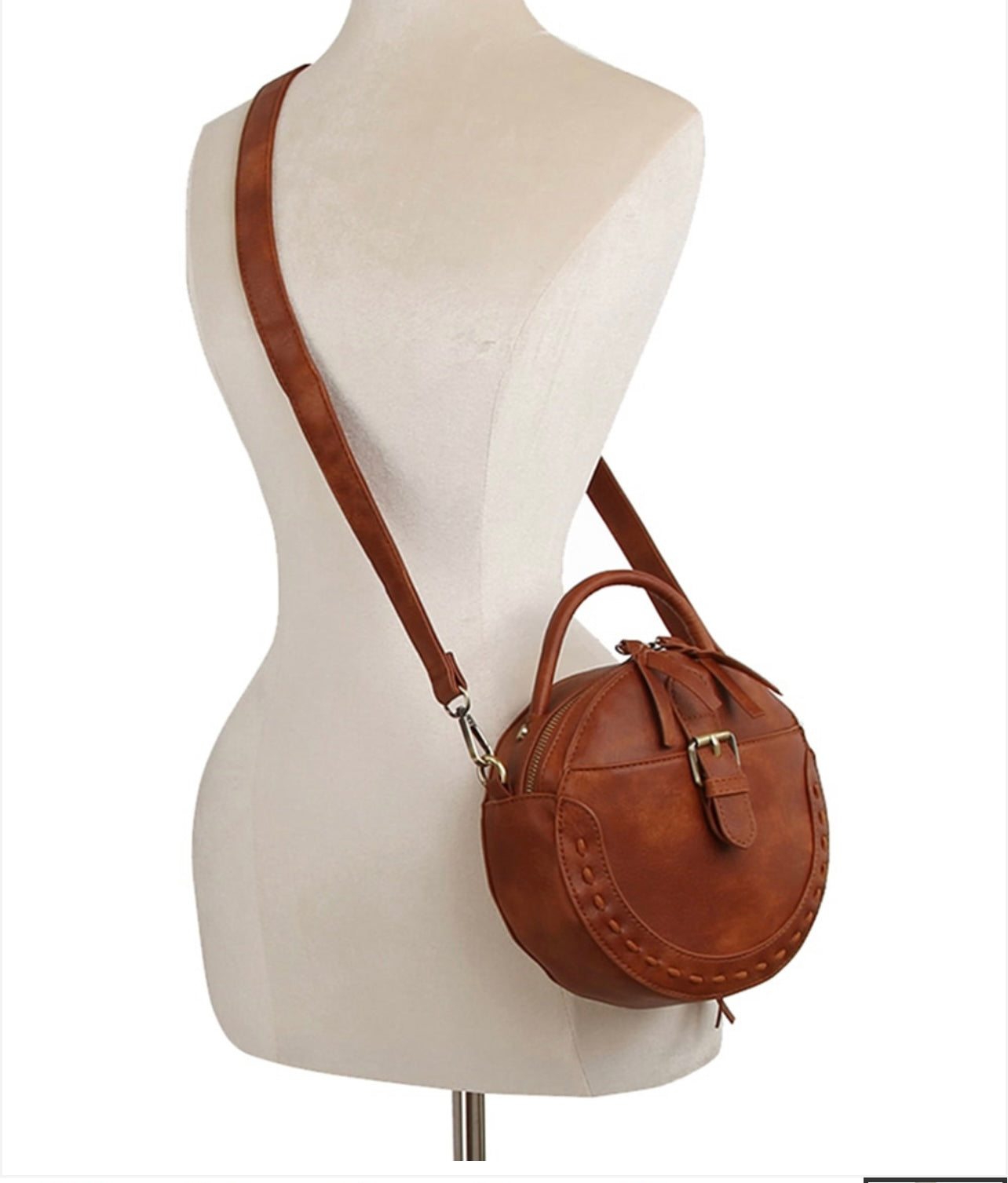 Cognac Round Buckle Crossbody Purse