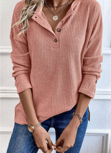 Pale Pink Rib Textured Henley Knit Top
