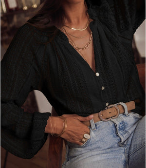 Black Long Sleeve Button Lace Top - Regular & Plus