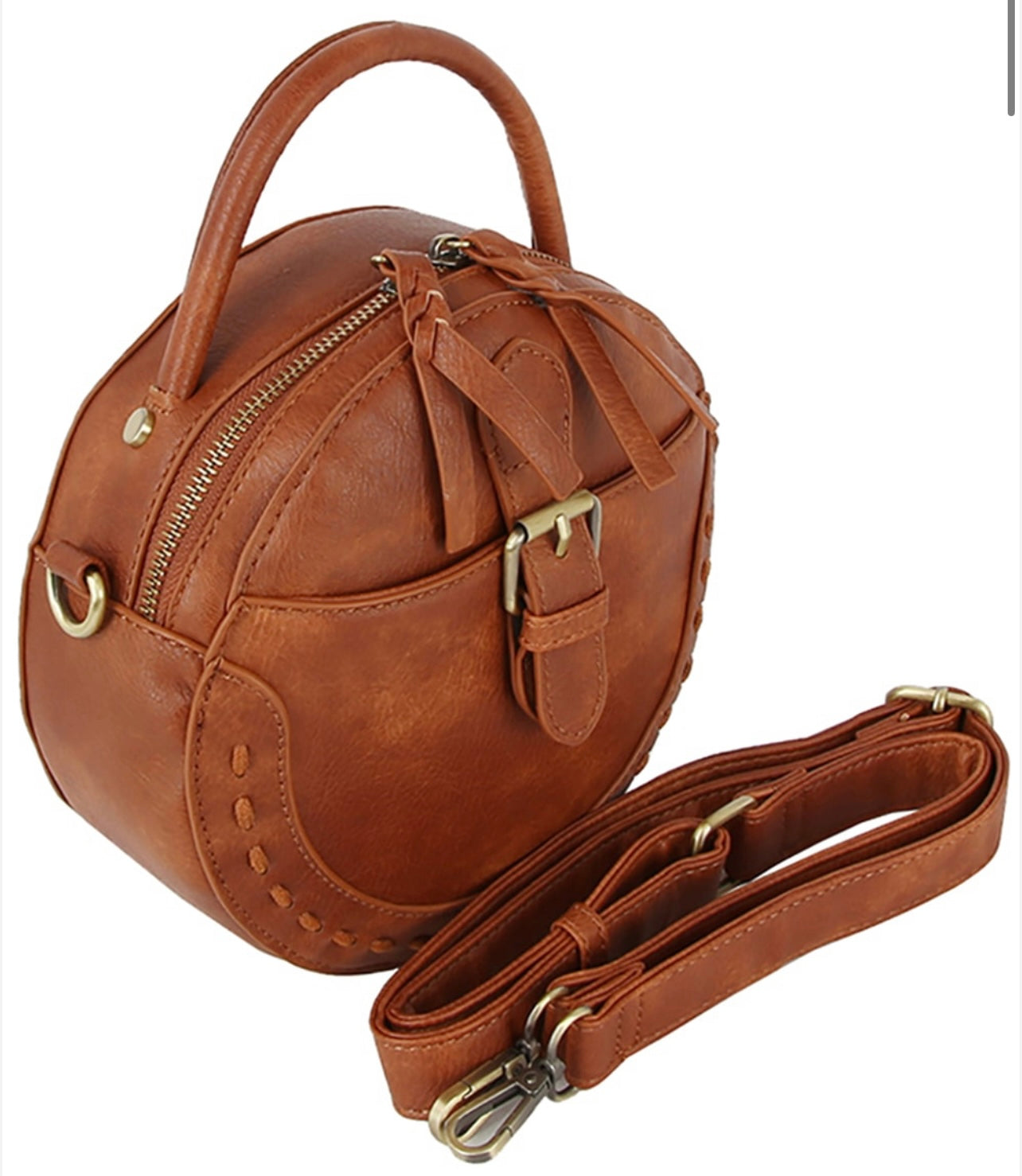 Cognac Round Buckle Crossbody Purse