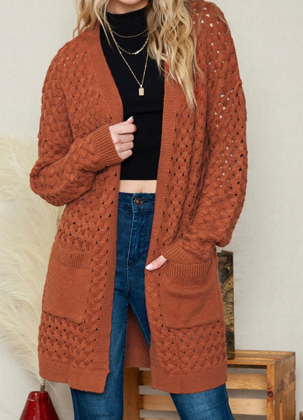 Open Front Pockets Knit Cardigan