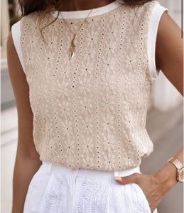 Khaki & White Crew Neck Tank
