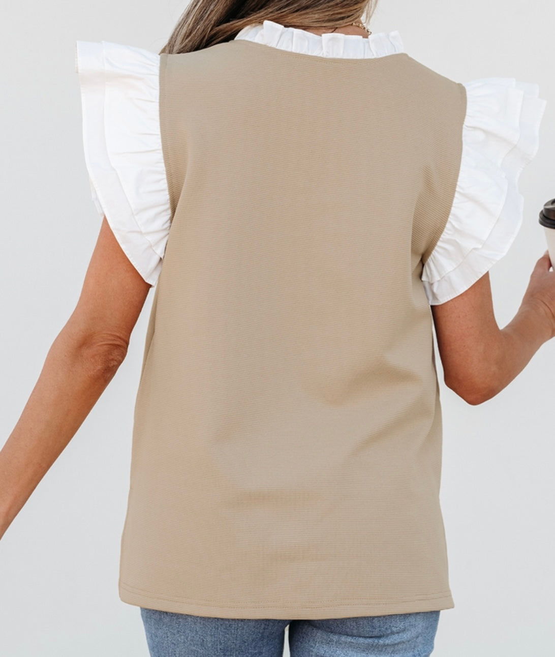 V Neck Khaki with White Ruffle Top