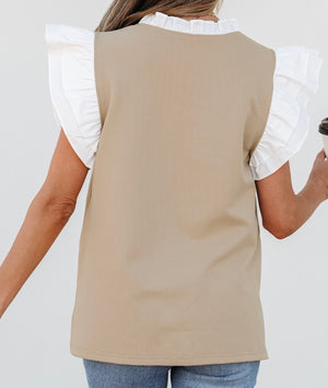 V Neck Khaki with White Ruffle Top