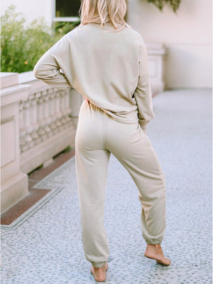 Khaki Top And Drawstring Pants Lounge Set
