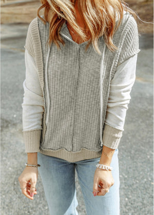 Patchwork Ribbed Sweater W/Hoodie
