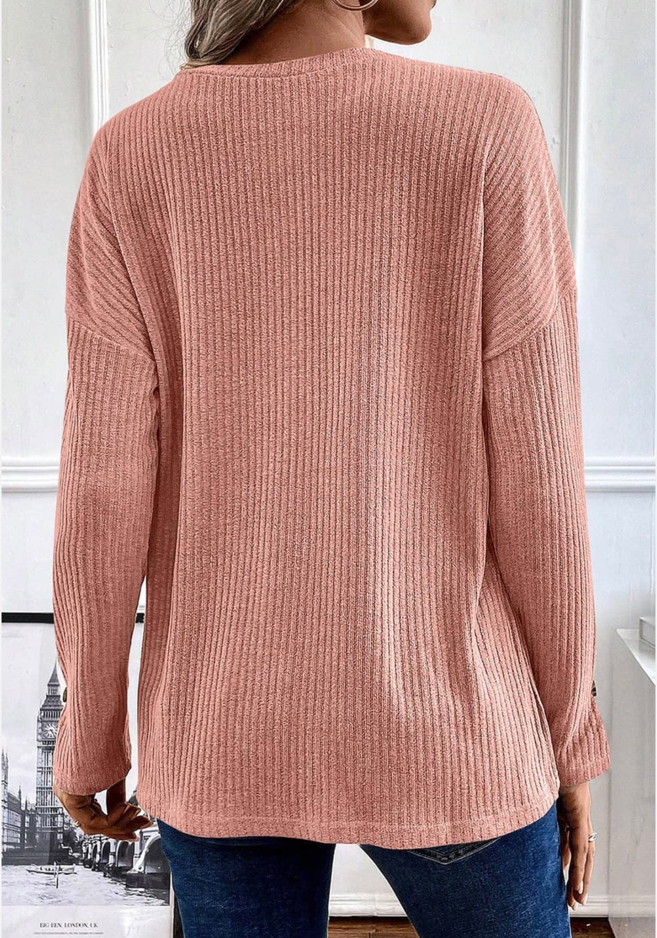 Pale Pink Rib Textured Henley Knit Top