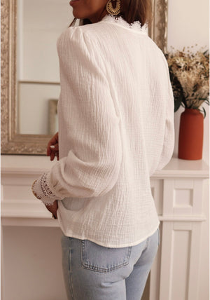White Gauze Crochet Lace Trimmed Blouse