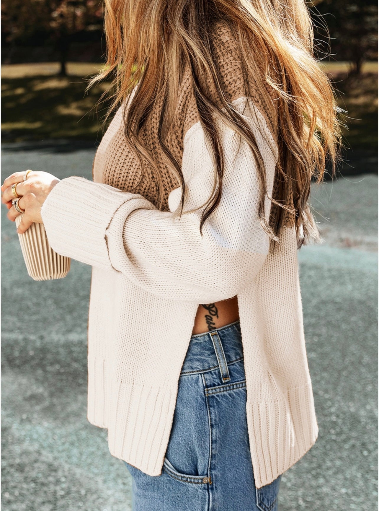 Cable Knit Color Block Side Splits High Neck Sweater