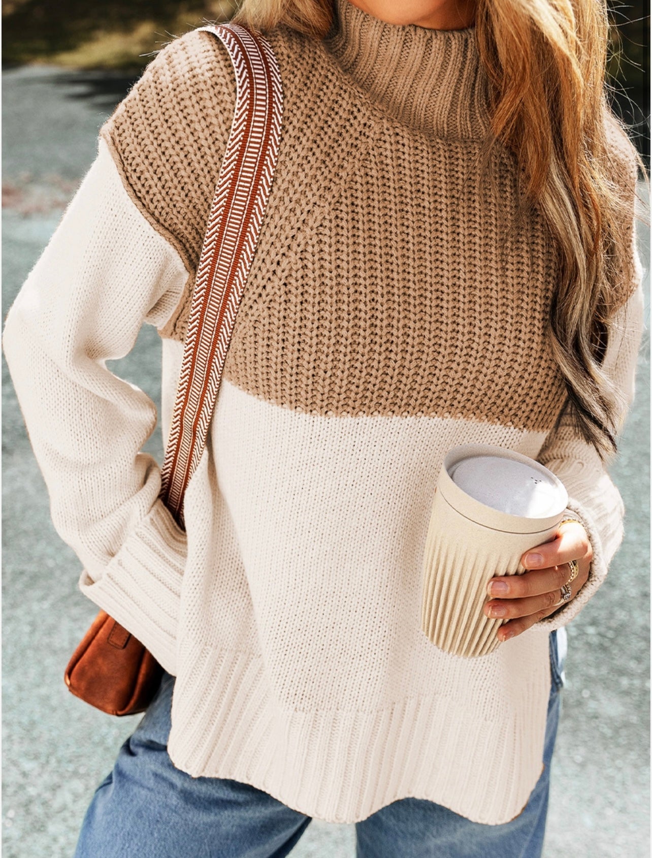 Cable Knit Color Block Side Splits High Neck Sweater